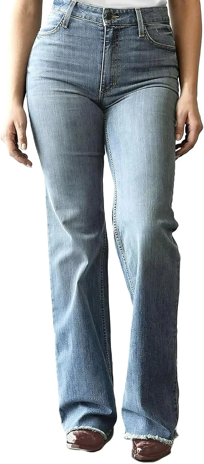 Women's Casual Western High Waisted Wide Leg Straight Raw Edge Jeans