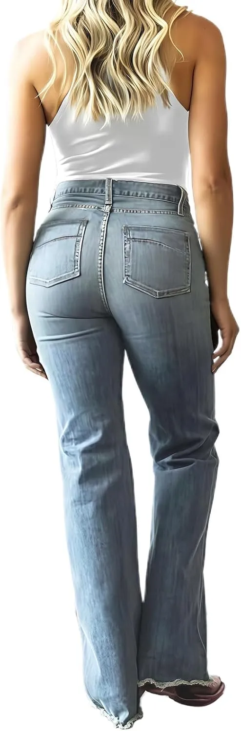 Women's Casual Western High Waisted Wide Leg Straight Raw Edge Jeans