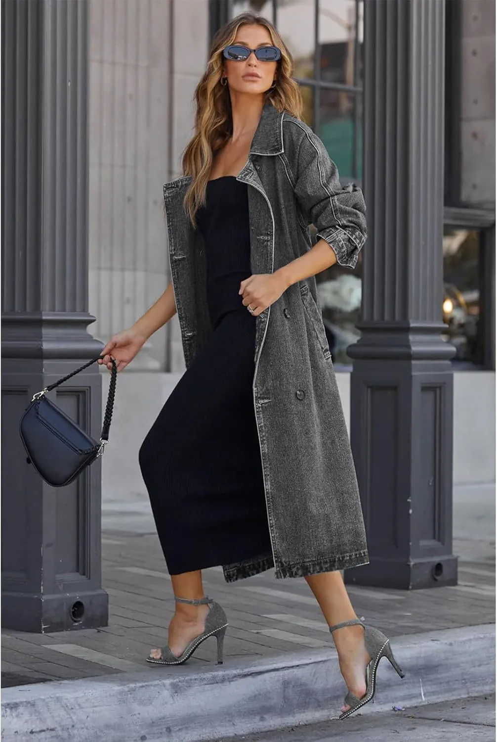 Women's Denim Trench Coat Double Breasted Over Knee Lapel Jean Jacket