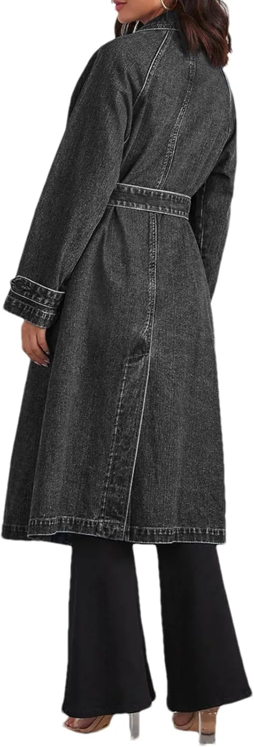 Women's Denim Trench Coat Double Breasted Over Knee Lapel Jean Jacket