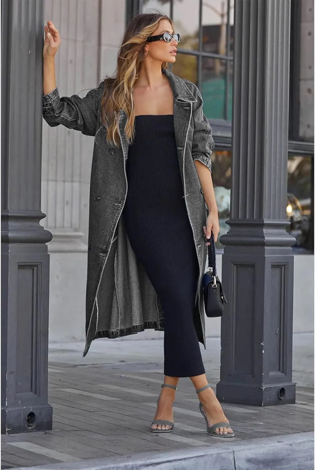 Women's Denim Trench Coat Double Breasted Over Knee Lapel Jean Jacket