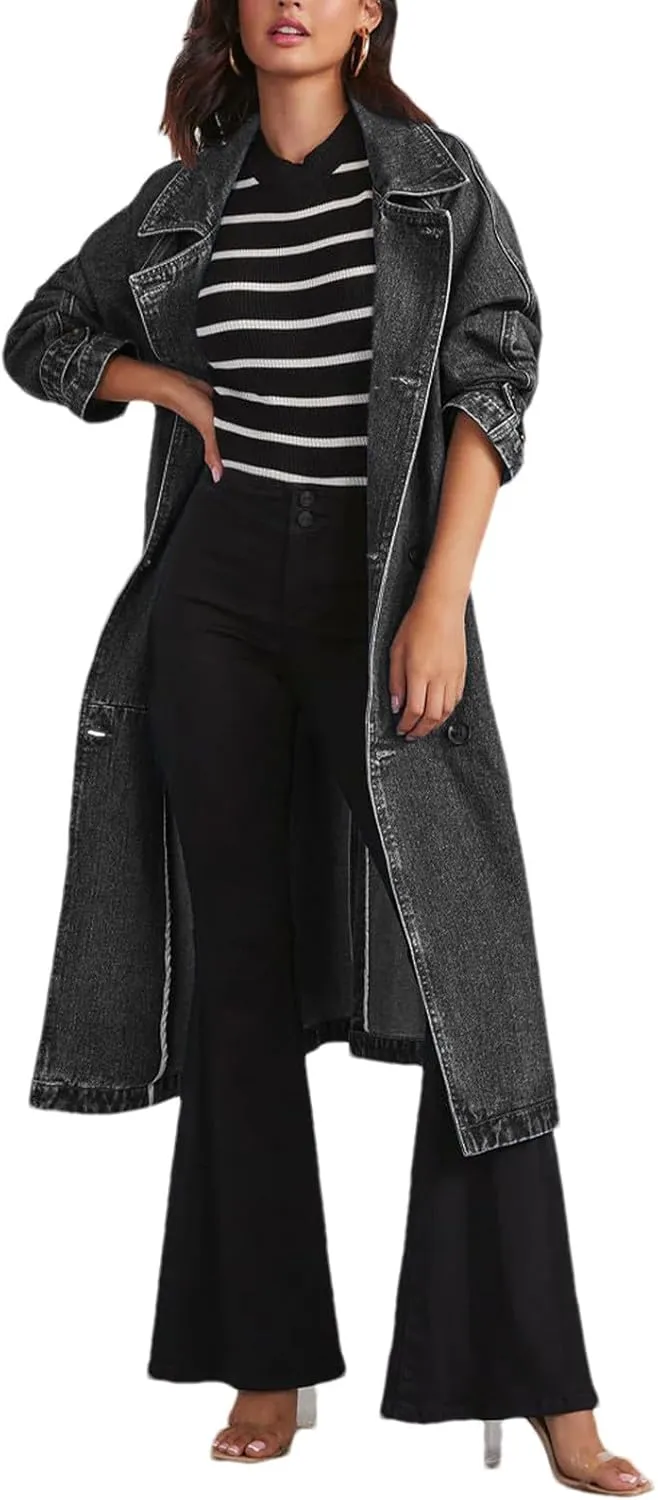 Women's Denim Trench Coat Double Breasted Over Knee Lapel Jean Jacket