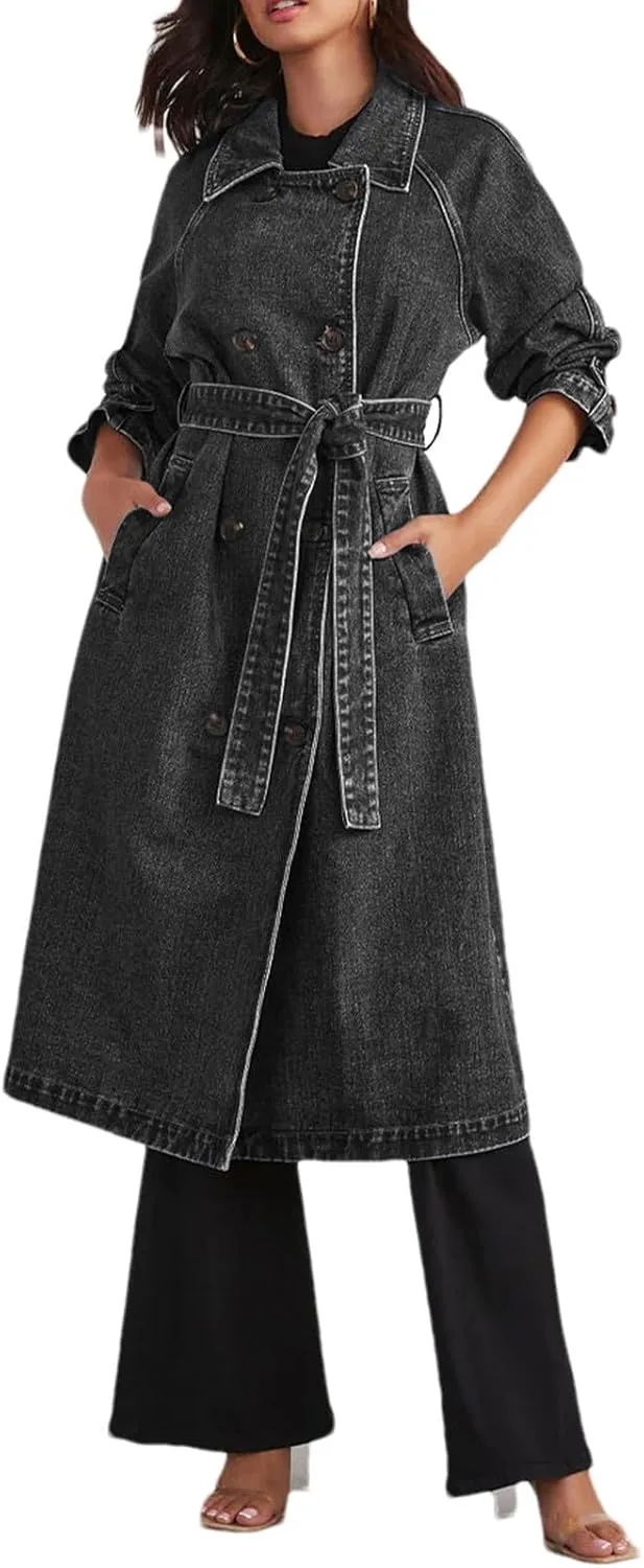 Women's Denim Trench Coat Double Breasted Over Knee Lapel Jean Jacket