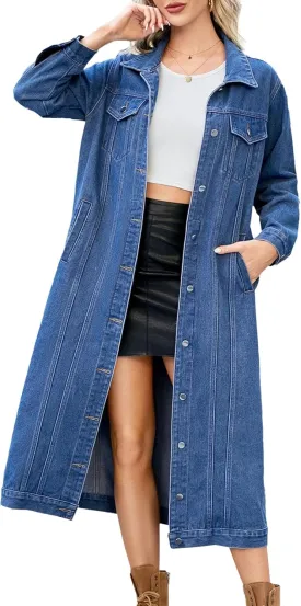 Women's Distressed Long Denim Jacket Ripped Hole Over Knee Midi Trench Coat Destroyed Classic Maxi Jean Jacket