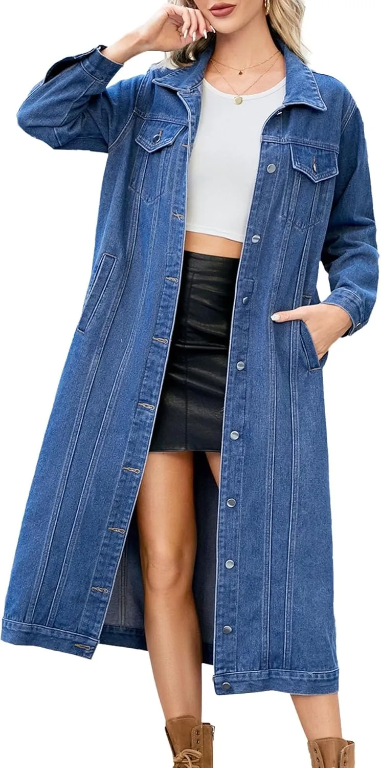 Women's Distressed Long Denim Jacket Ripped Hole Over Knee Midi Trench Coat Destroyed Classic Maxi Jean Jacket