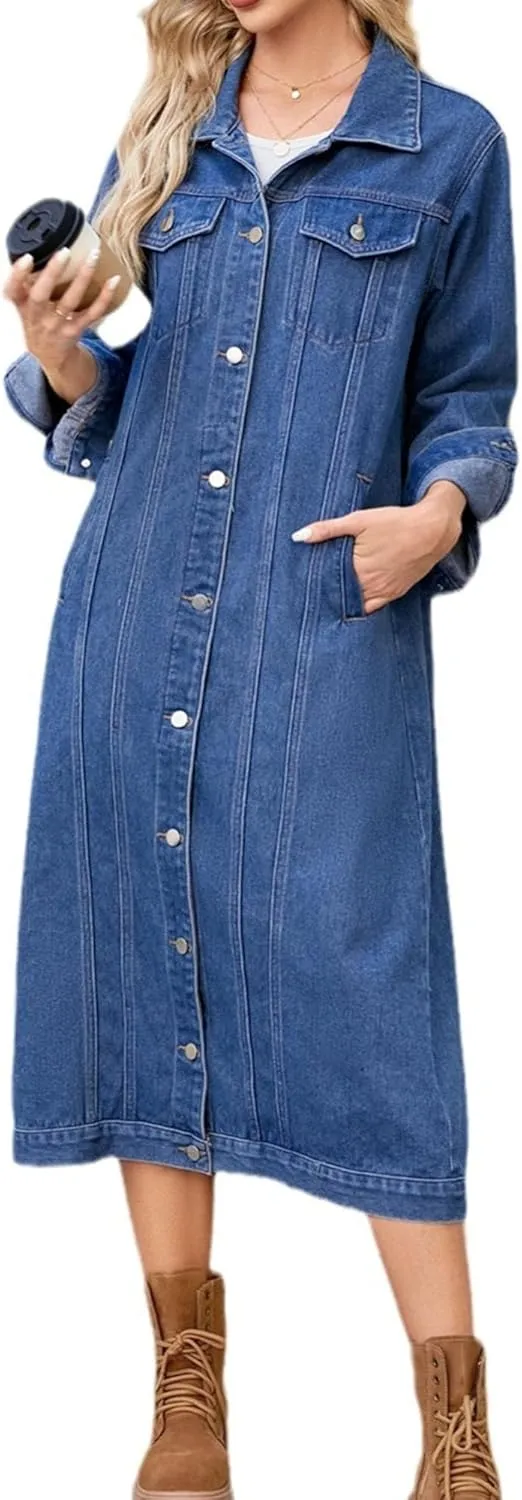 Women's Distressed Long Denim Jacket Ripped Hole Over Knee Midi Trench Coat Destroyed Classic Maxi Jean Jacket