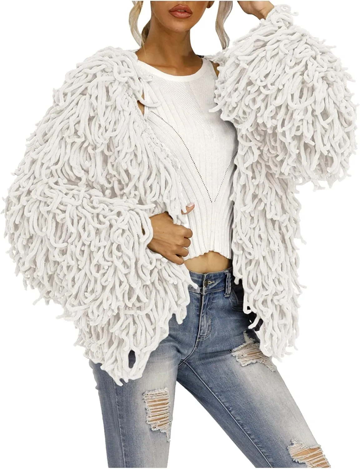 Womens Fringed Sweater Jacket Cropped Fringe Faux Suede Jackets Woven Hollow Solid Color Cardigan Fashion Casual Tops