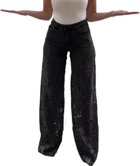 Women's Lace Patchwork Hollow Jeans,Lace Pants for Women Sexy,Y2k Jeans Embellished Wide Leg Jean for Women