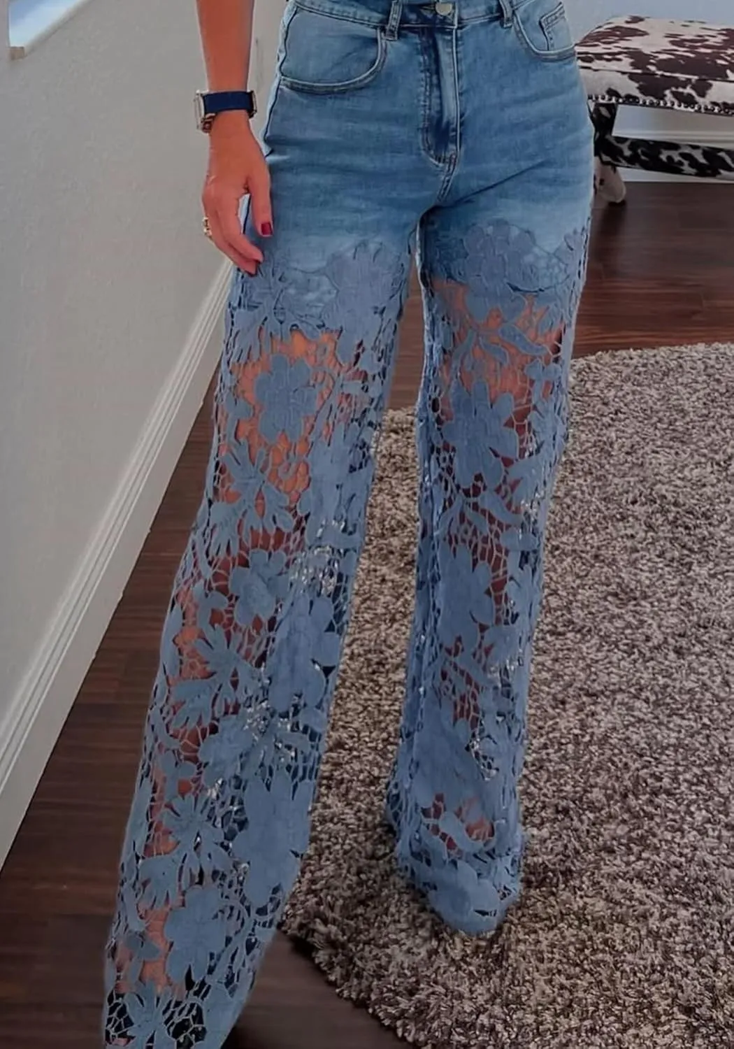 Women's Lace Patchwork Jeans High Waisted Straight Wide Leg Hollow Out Sheer Flower Baggy Stetch Denim Pants