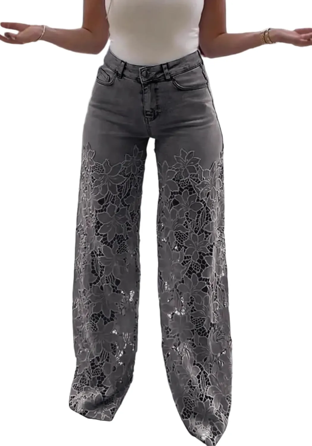 Women's Lace Patchwork Jeans High Waisted Straight Wide Leg Hollow Out Sheer Flower Baggy Stetch Denim Pants