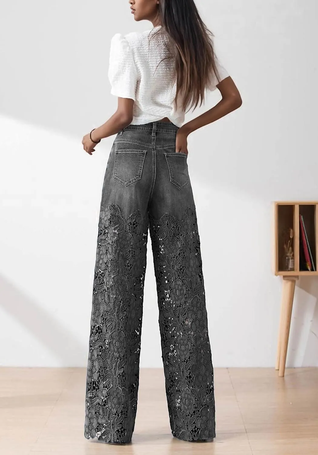 Women's Lace Patchwork Jeans High Waisted Straight Wide Leg Hollow Out Sheer Flower Baggy Stetch Denim Pants