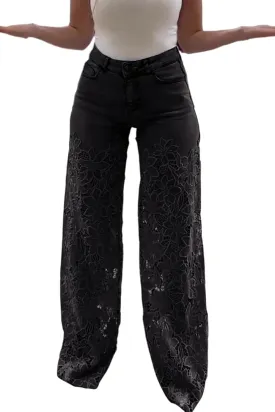 Women's Lace Patchwork Jeans High Waisted Straight Wide Leg Hollow Out Sheer Flower Baggy Stetch Denim Pants