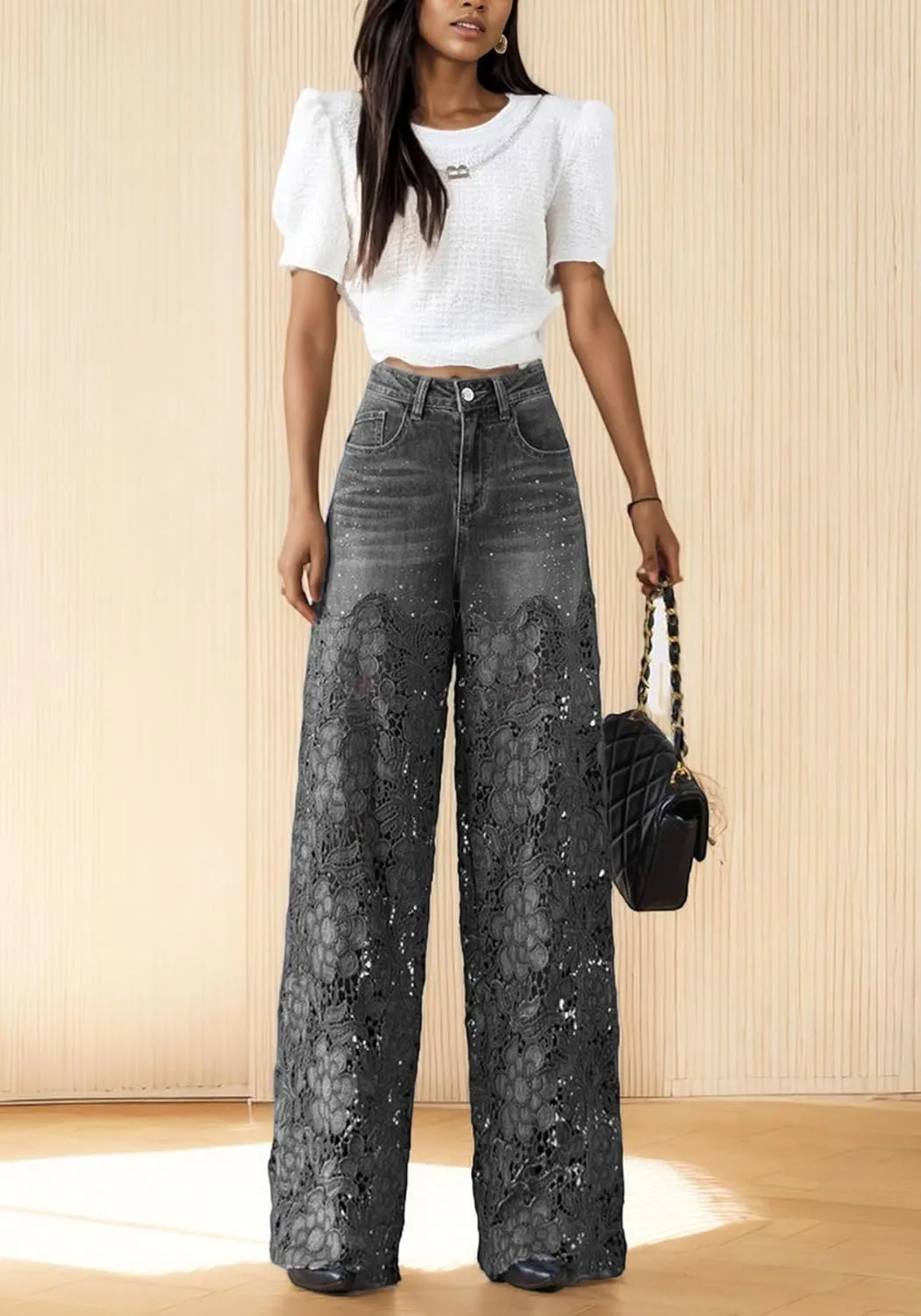 Women's Lace Patchwork Jeans High Waisted Straight Wide Leg Hollow Out Sheer Flower Baggy Stetch Denim Pants