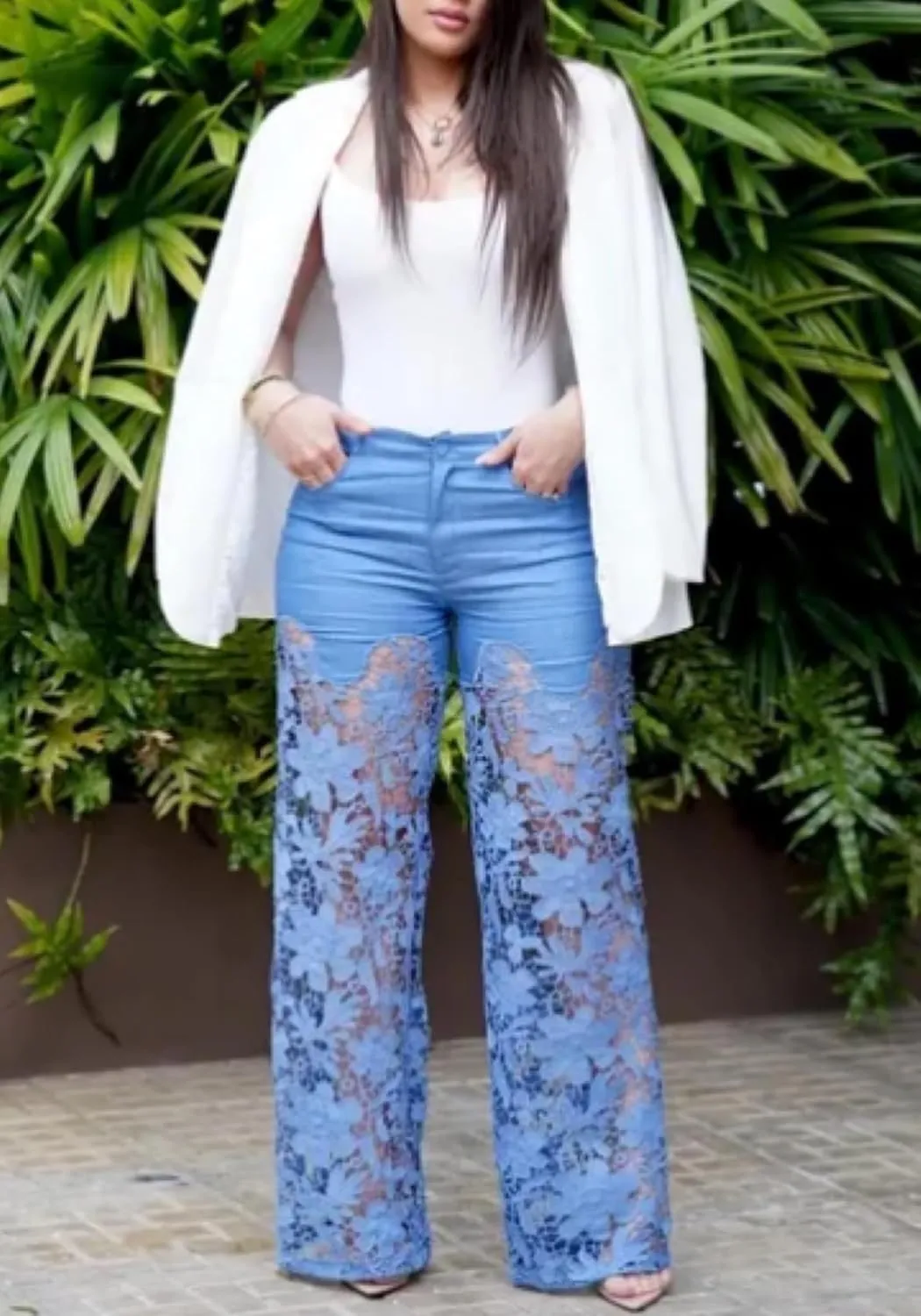 Women's Lace Patchwork Jeans High Waisted Straight Wide Leg Hollow Out Sheer Flower Baggy Stetch Denim Pants
