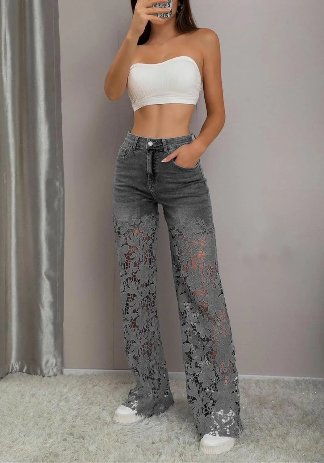 Women's Lace Patchwork Jeans High Waisted Straight Wide Leg Hollow Out Sheer Flower Baggy Stetch Denim Pants