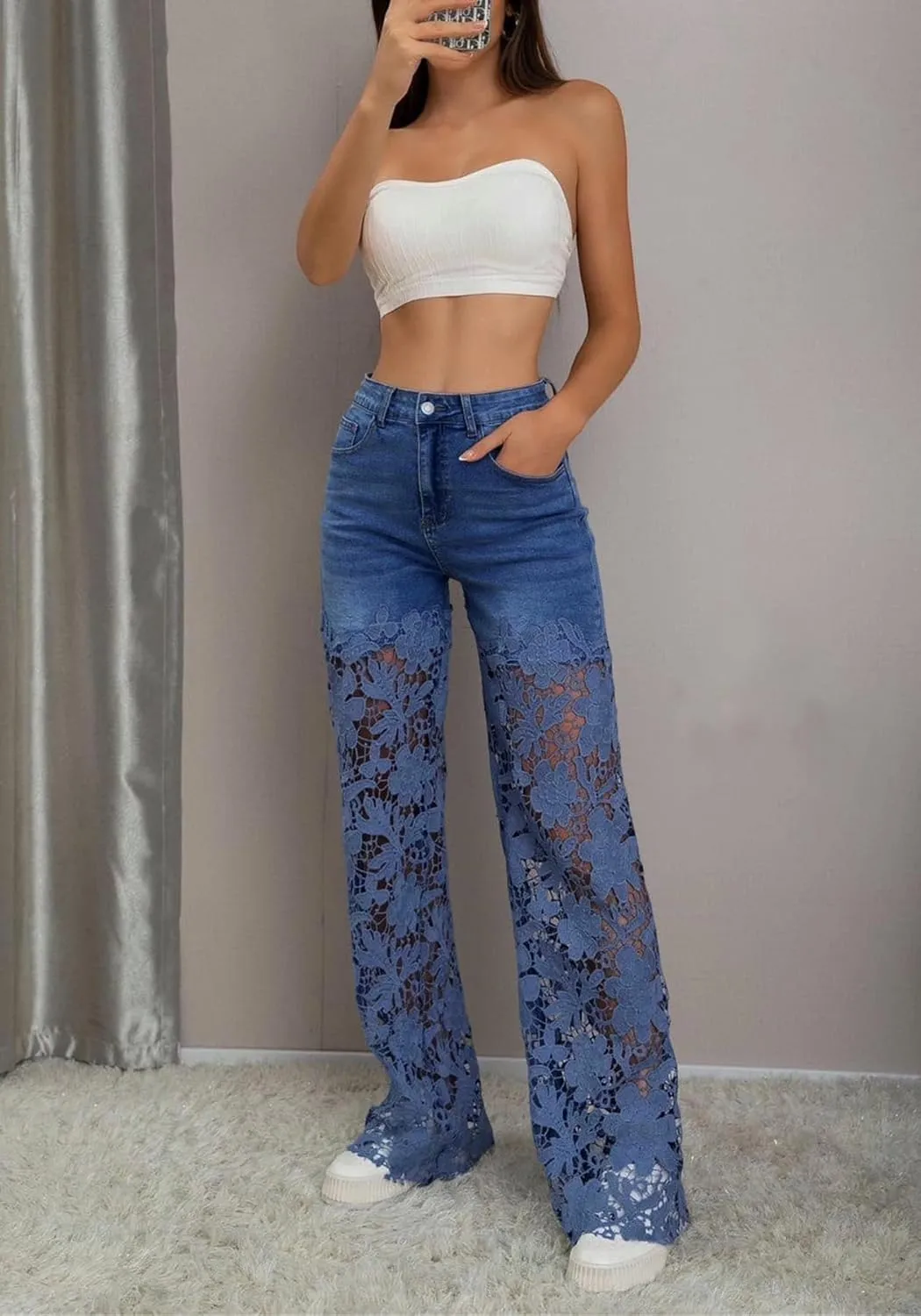 Women's Lace Patchwork Jeans High Waisted Straight Wide Leg Hollow Out Sheer Flower Baggy Stetch Denim Pants