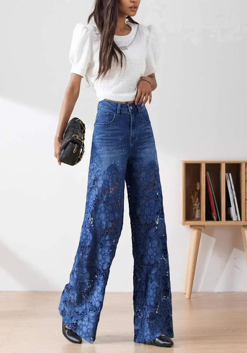 Women's Lace Patchwork Jeans High Waisted Straight Wide Leg Hollow Out Sheer Flower Baggy Stetch Denim Pants
