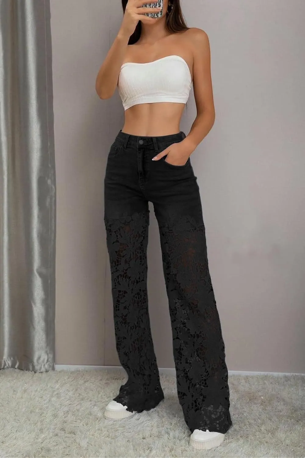 Women's Lace Patchwork Jeans High Waisted Straight Wide Leg Hollow Out Sheer Flower Baggy Stetch Denim Pants