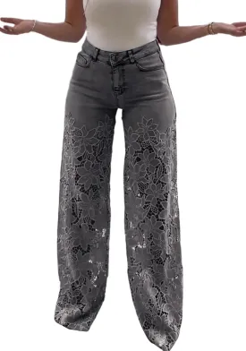 Women's Lace Patchwork Jeans High Waisted Straight Wide Leg Hollow Out Sheer Flower Baggy Stetch Denim Pants