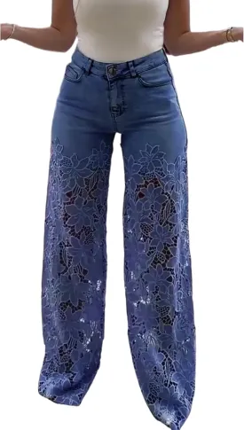 Women's Lace Patchwork Jeans High Waisted Straight Wide Leg Hollow Out Sheer Flower Baggy Stetch Denim Pants