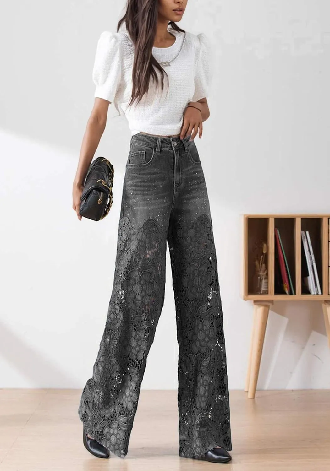 Women's Lace Patchwork Jeans High Waisted Straight Wide Leg Hollow Out Sheer Flower Baggy Stetch Denim Pants