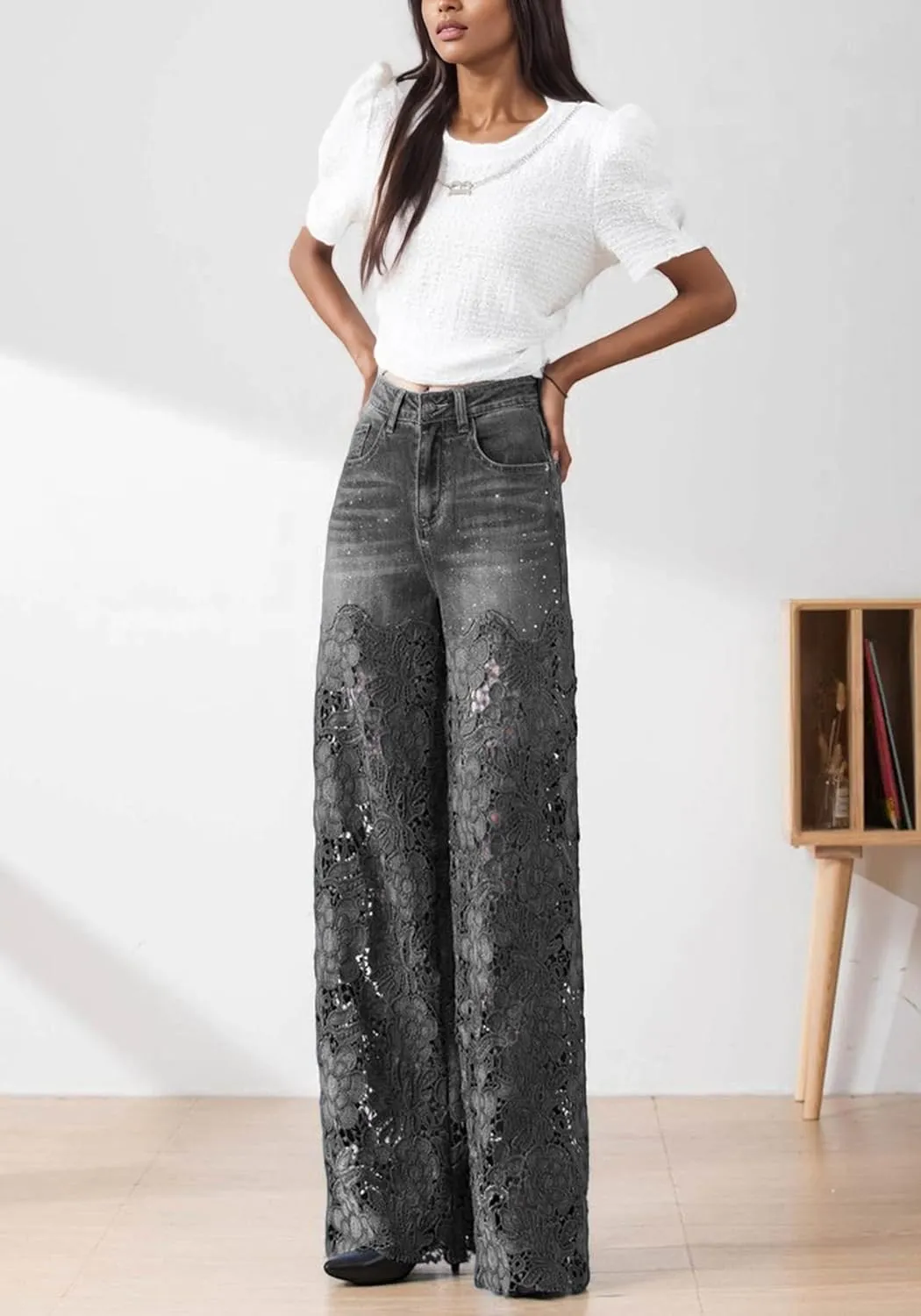 Women's Lace Patchwork Jeans High Waisted Straight Wide Leg Hollow Out Sheer Flower Baggy Stetch Denim Pants