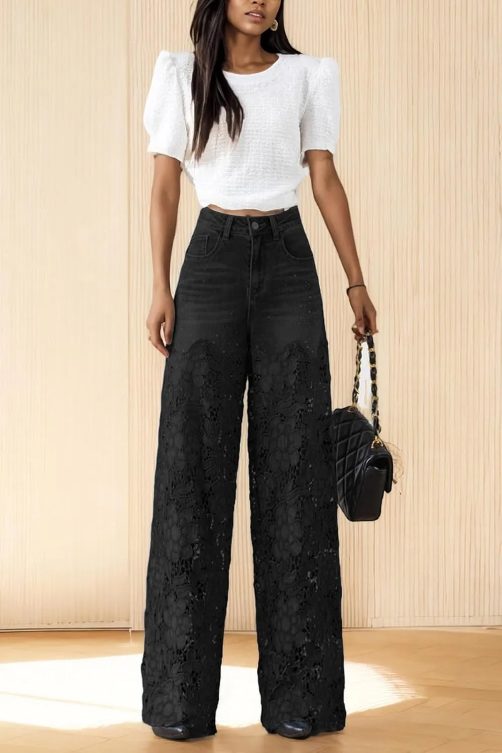 Women's Lace Patchwork Jeans High Waisted Straight Wide Leg Hollow Out Sheer Flower Baggy Stetch Denim Pants