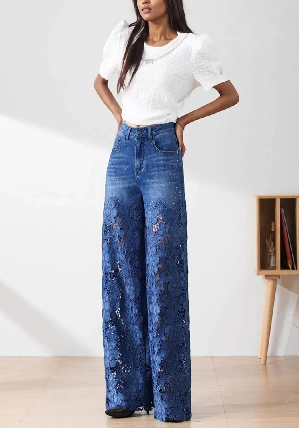 Women's Lace Patchwork Jeans High Waisted Straight Wide Leg Hollow Out Sheer Flower Baggy Stetch Denim Pants