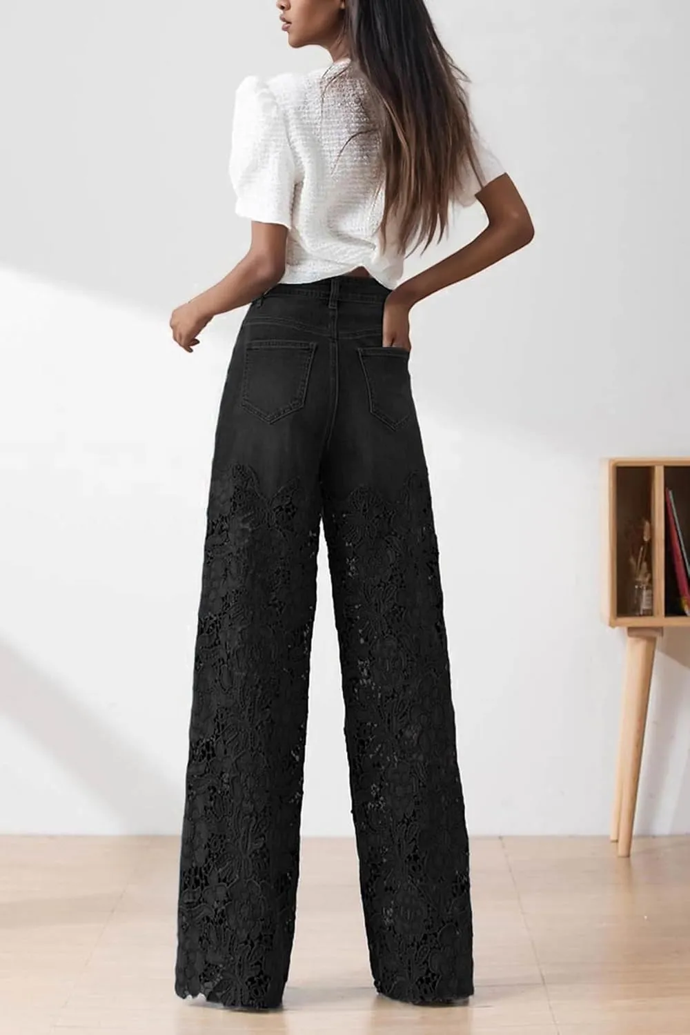 Women's Lace Patchwork Jeans High Waisted Straight Wide Leg Hollow Out Sheer Flower Baggy Stetch Denim Pants