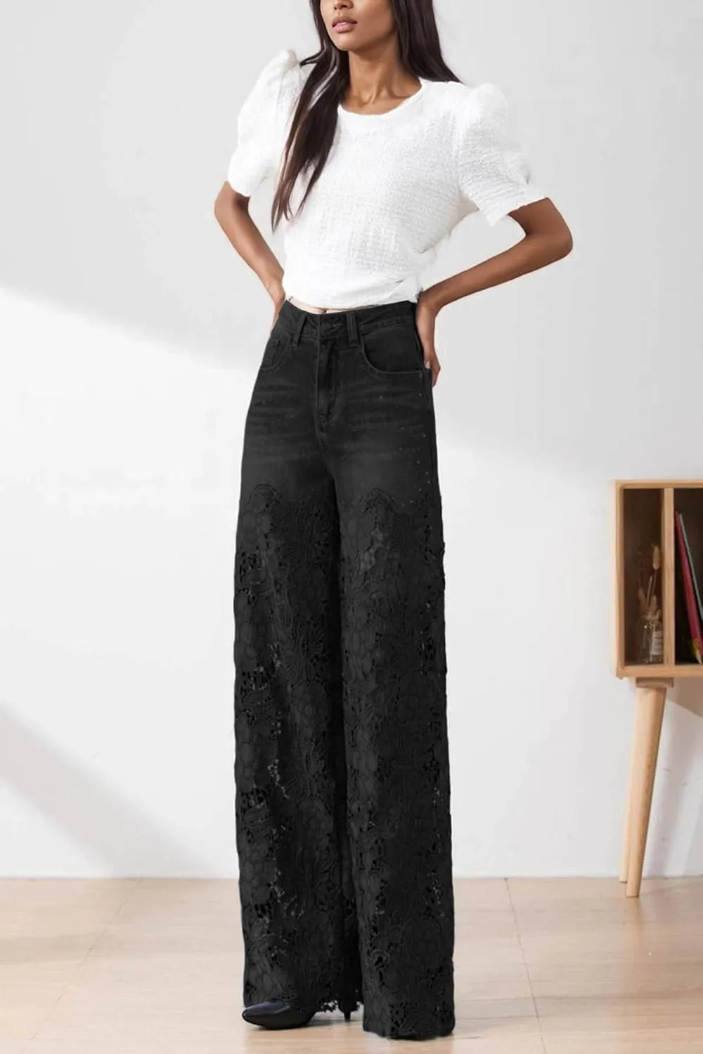Women's Lace Patchwork Jeans High Waisted Straight Wide Leg Hollow Out Sheer Flower Baggy Stetch Denim Pants