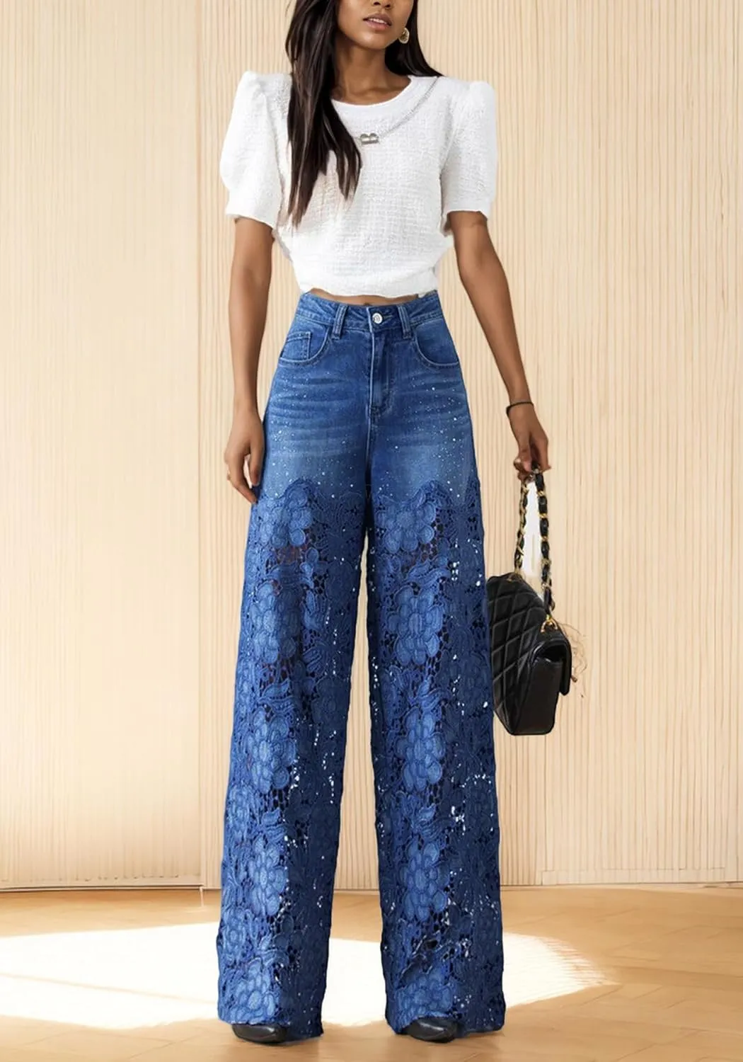 Women's Lace Patchwork Jeans High Waisted Straight Wide Leg Hollow Out Sheer Flower Baggy Stetch Denim Pants