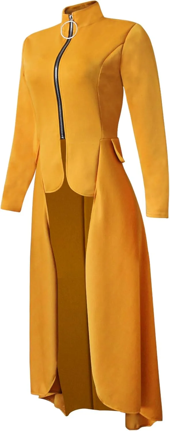 Womens Long Dovetail Gothic Trench Coat Polka Dot Zipper Up Tailcoat Jacket