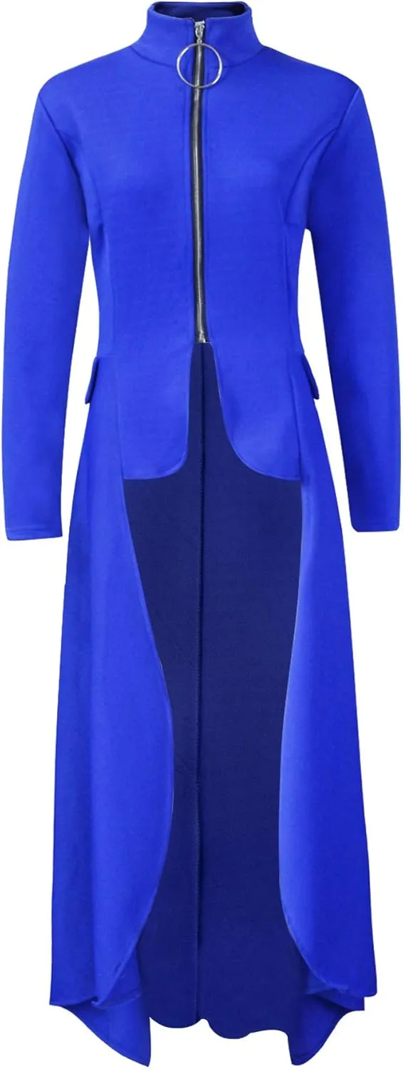 Womens Long Dovetail Gothic Trench Coat Polka Dot Zipper Up Tailcoat Jacket
