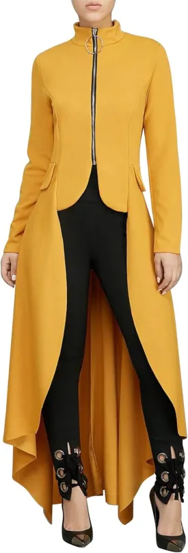 Womens Long Dovetail Gothic Trench Coat Polka Dot Zipper Up Tailcoat Jacket