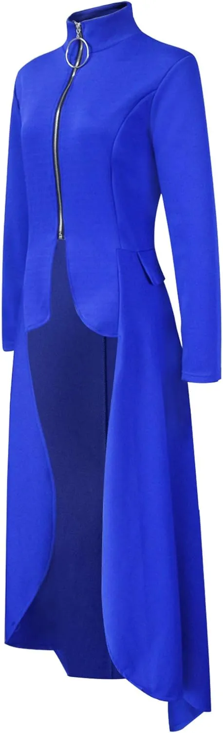 Womens Long Dovetail Gothic Trench Coat Polka Dot Zipper Up Tailcoat Jacket