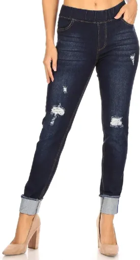 Women's Ripped Destroyed Skinny Jeans & Jeggings Pull-On Elastic Waist Stretch Denim Pants Regular-Plus Size