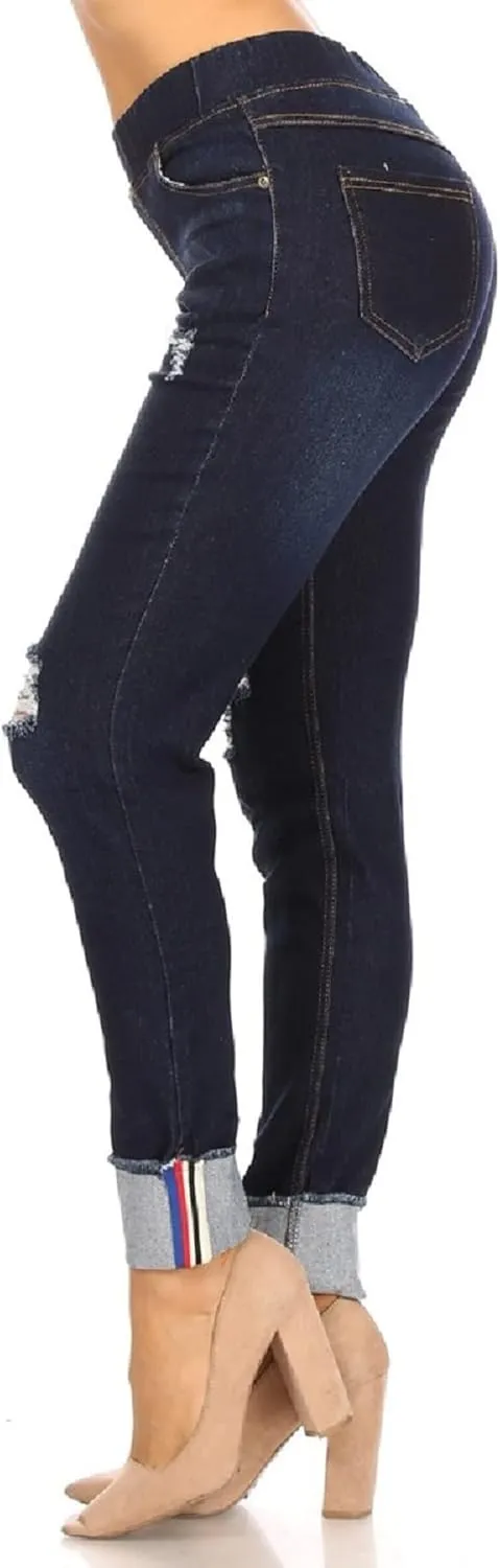 Women's Ripped Destroyed Skinny Jeans & Jeggings Pull-On Elastic Waist Stretch Denim Pants Regular-Plus Size