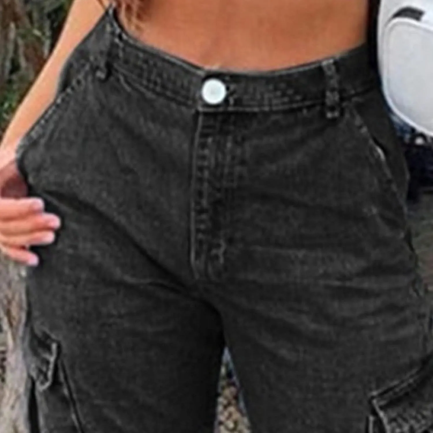 Women's Side Pocket Drawstring Wash Denim Pants Loose Knit-Waist Cargo Capri Pant Baggy Relaxed-Fit Jeans