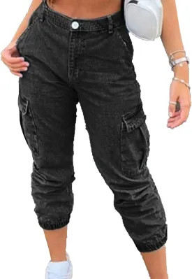 Women's Side Pocket Drawstring Wash Denim Pants Loose Knit-Waist Cargo Capri Pant Baggy Relaxed-Fit Jeans