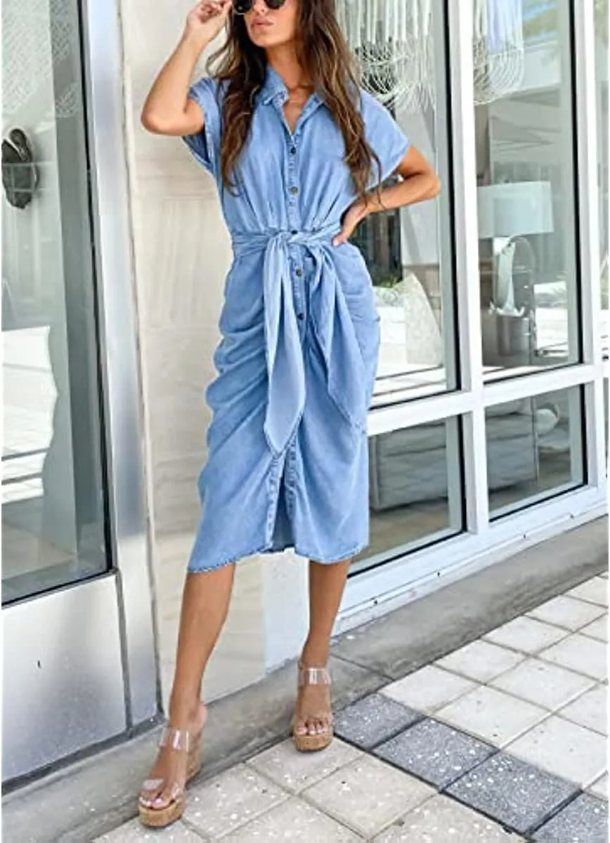 Women's Summer Ruched Bodycon Midi Denim Dress Tie Belted Party Button-Down Jean Shirt Dress