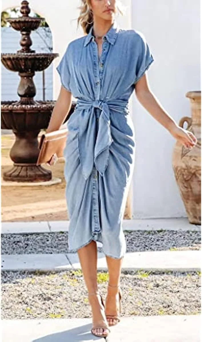 Women's Summer Ruched Bodycon Midi Denim Dress Tie Belted Party Button-Down Jean Shirt Dress