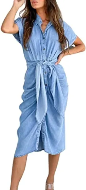 Women's Summer Ruched Bodycon Midi Denim Dress Tie Belted Party Button-Down Jean Shirt Dress